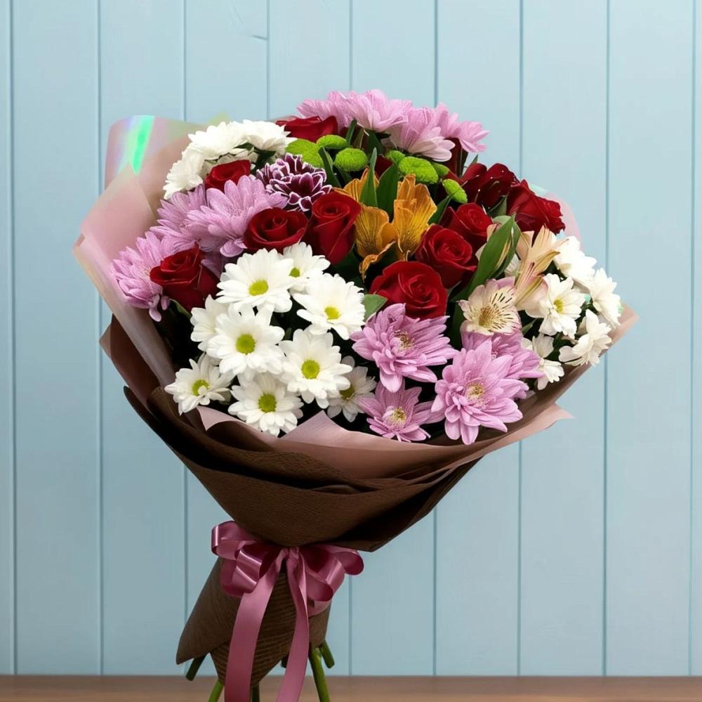 Букет цветов из: Розы, Хризантемы и Альстромерии в Иваньково 