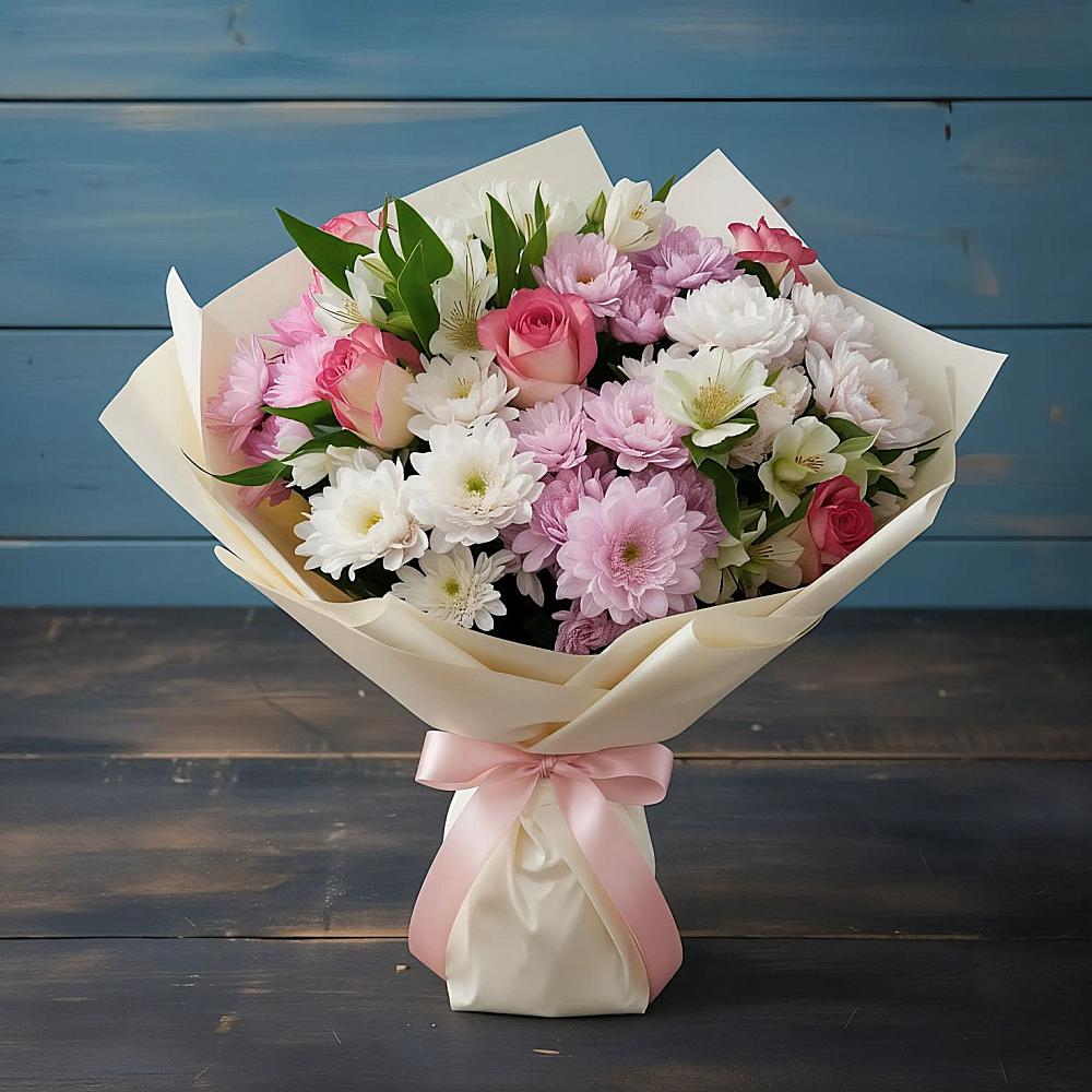 Букет цветов из: Хризантемы, Альстромерии и Розы в Иваньково 